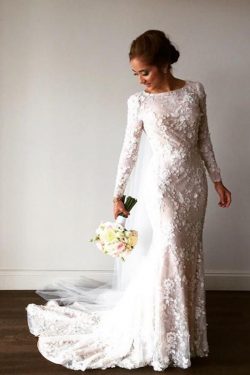 Delicate Mermaid Lace Appliques Long Sleeves Wedding Dresses W370