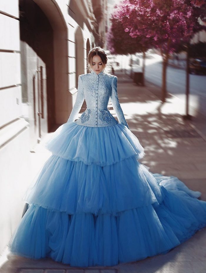 Vintage Brautkleider Frabig Blau Hochzeitskleider Spitz Mit Ärmel