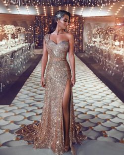 Luxus Abendkleid Gold Lang Pailletten Abiballkleider Abendmoden Online
