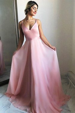 Correas espaguetis con cuello en V simples vestidos de fiesta rosa fluidos simples Vestidos de b ...