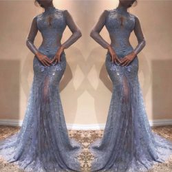 Elegante Blaues Abendkleid Mit Ärmel Spitze Abiballkleider Abendmoden Online