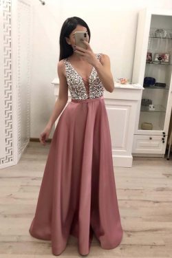 Buy Elegant A Line V Neck Beading Prom Dresses Straps Satin Evening Dresses uk PW496 on sale – P ...