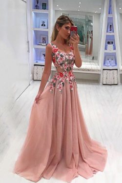Embroidery Appliques Long A line Pink Prom Dresses Tulle Cheap Formal Dresses on sale – PromDres ...