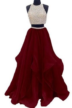 Two Piece High Neck Burgundy Prom Dress Beaded Open Back Evening Gowns on sale – PromDress.me.uk