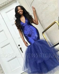 Sexy Navy Blue Mermaid Sequins Prom Dresses | Cheap Tulle Sleeveless V-Neck Evening Dresses | ww ...