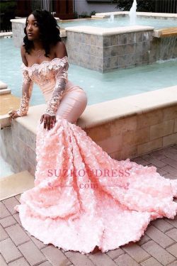 Sexy Off The Shoulder Pink Prom Dresses 2019 | Long Sleeve Lace Mermaid Flowers Cheap Evening Go ...