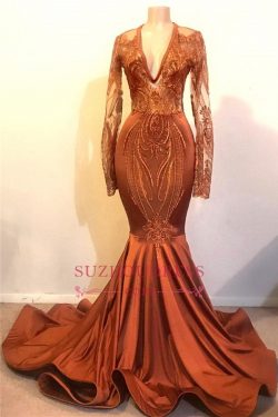 Cheap Dust Orange Mermaid Prom Dresses with Sleeves | V-neck Lace Appliques Real Evening Dress O ...