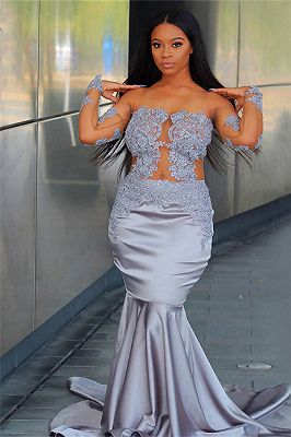 Chic Off The Shoulder Long Sleeves Mermaid Prom Dresses | 2019 Sheer Tulle Appliques Evening Gow ...