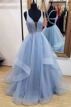 Elegant Lace Straps Lace Appliques Prom DressesTiered Lace-Up Sleeveless Evening Dresses | www.2 ...