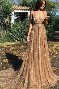 Glamorous Sequins A-Line Long Prom Gowns | 2019 Spaghetti Straps V-Neck Evening Dress | www.baby ...