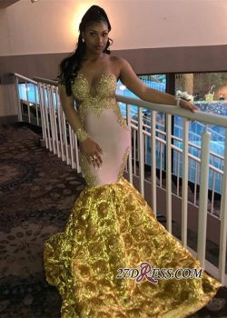 Gorgeous Long Sleeve Yellow Prom Dress | 2019 Mermaid Evening Gown With Flower Bottom_Prom Dress ...