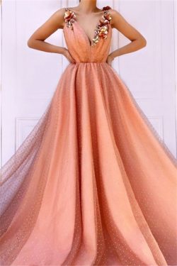 Orange Flower Appliques Straps Summer Sleeveless Quality Tulle Princess A-line Prom Dress | Suzh ...