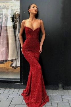 Elegante Rote Abendkleider Lang | Abiballkleider Mit Glitzer Günstig