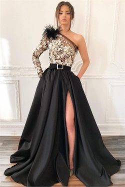 Sexy Blcak One-Shoulder Side-Slit Feather Applique Prom Dress | Suzhou UK Online Shop | Suzhoudr ...