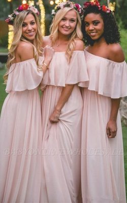 Baby Pink Off The Shoulder Bridesmaid Dresses Cheap | Chiffon Sexy Bridesmaid Dress