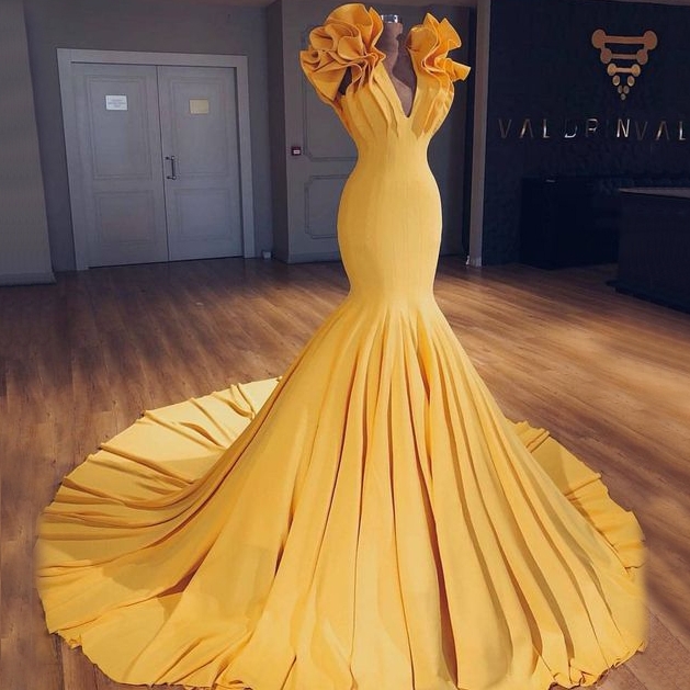 Fashion Petal Sleeves Mermaid Prom Dresses | V-Neck Tiered Long Evening Dresses CD0428