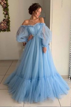 Ball Gown Blue Tulle Prom Dresses, Long Sleeve Off the Shoulder Quinceanera Dresses on sale – Pr ...