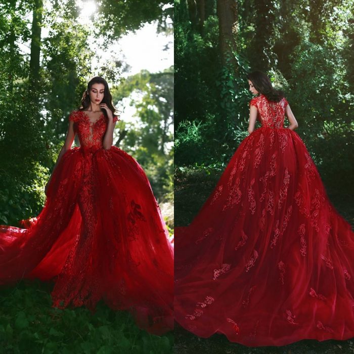 Applique Red Lace Glamorous Over-Skirt V-Neck Prom Dresses
