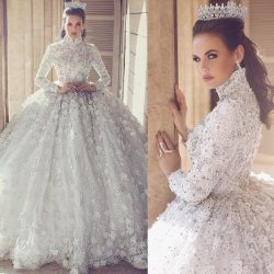 Luxury Long Sleeves Muslim Wedding Dresses | High Neck Lace Appliques Beaded Ball Gown Wedding D ...