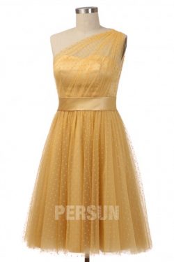 Tea Length One Shoulder Polka dot Tulle Gold Prom Dress JDK253051 – Persun.cc