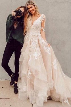 Elegante Brautkkleider mit Ärmel | A Linie Hochzeitskleider mit Spitze