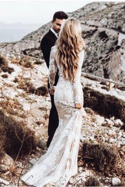 Vintage Long Sleeve Mermaid Lace Applique Wedding Dresses Beach Wedding Gowns on sale – PromDres ...