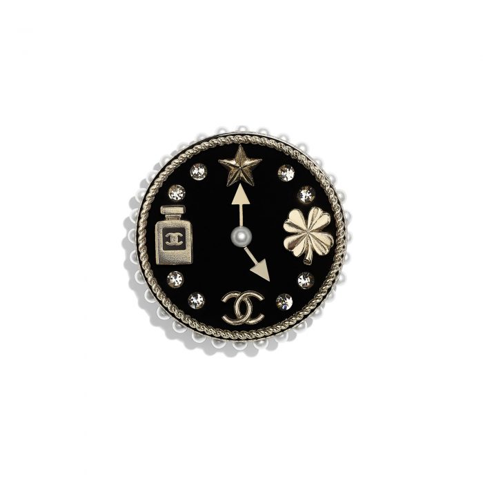 Metal, Glass Pearls, Diamanté Resin Gold, Pearly White, Crystal Black Brooch | CHANEL