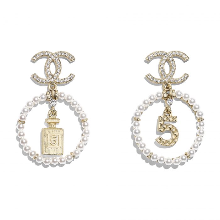Metal, Glass Pearls Diamantés Gold, Pearly White Crystal Earrings | CHANEL