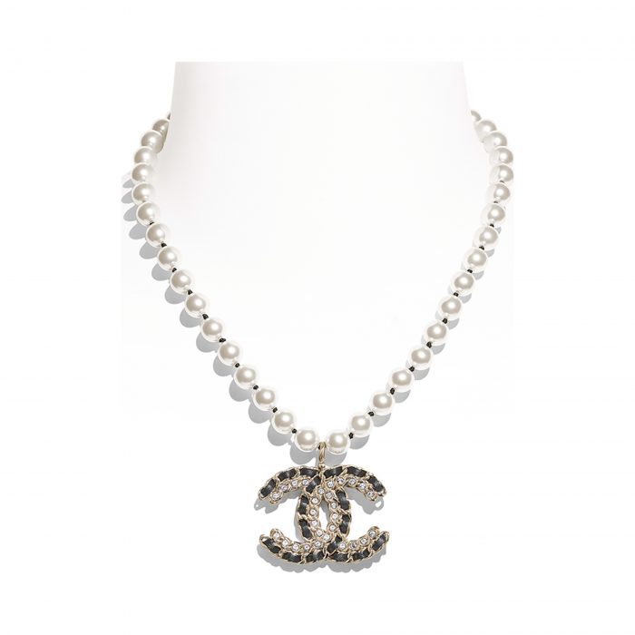Metal, Glass Pearls, Lambskin Strass Gold, Pearly White, Black Crystal Necklace | CHANEL