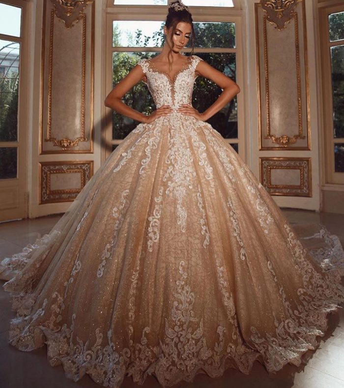 Luxus Hochzeitskleider Lang Glitzer | Brautkleider Prinzessin mit Spitze