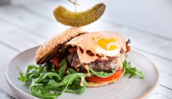 Breakfast Bagel Burger with Maple Aioli | Good Chef Bad Chef