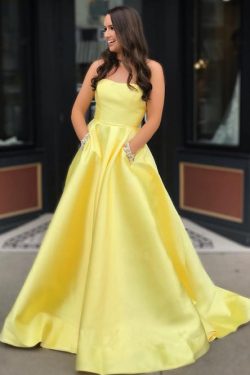 Charming A Line Yellow Satin Strapless Beads Party Dress with Pockets – PromDress.me.uk