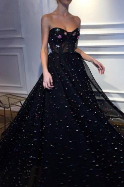 Elegant A Line Sweetheart Strapless Black Tulle Prom Dress with Beads – PromDress.me.uk