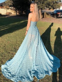 Sexy A line Strapless Slit Backless Blue Prom Dresses with Appliques – PromDress.me.uk