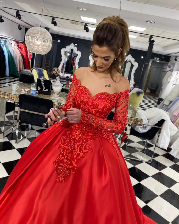 Rote Brautkleider Mit Ärmel | Hochzeitskleider Spitze Prinzessin