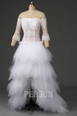 Robe de mariée fantaisie plumetis haut illusion col bardot manche longue