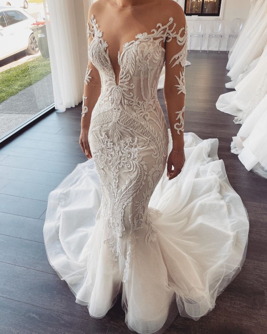 Luxus Hochzeitskleider mit Ärmel | Brautkleid Meerjungfrau Spitze