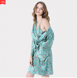 19 Momme Blue Printed Silk Nightgown Robe Set