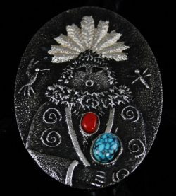 LEANDER BEGAY KINGMAN SPIDERWEB TURQUOISE AND CORAL YEIBECHAI DESIGN BOLO TIE