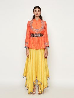 MORBAGH EMBROIDERED JACKET WITH ASYMMETRICAL SUNHERI CHANDERI DRESS