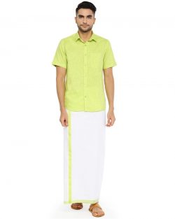 Varna Fancy Border Dhoti & Shirt Set Half Sleeves Pale Green