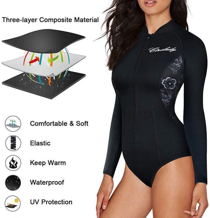 ELEADY Women Neoprene Wetsuit Long Sleeves Swimsuit with Front Zipper