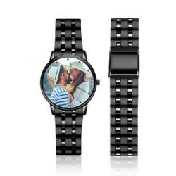 11th Anniversary Gifts Men’s Engraved Black Alloy Bracelet Photo Watch 38mm