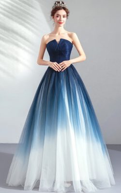 Strapless Blue Prom Dress Online UK A line Gradient Navy Blue Long Evening Gown 2021