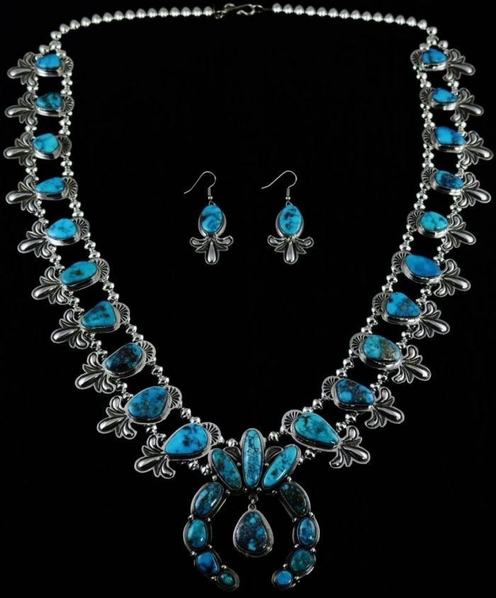 SAMMIE KESCOLI BEGAY MORENCI TURQUOISE SQUASH BLOSSOM NECKLACE AND EARRINGS