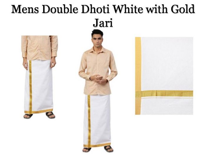 Men’s Double Dhoti White with Gold Jari 1 1/2″ Gold Special Pet