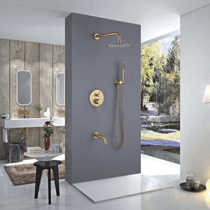 Tub Shower Faucets Sets Complete Brushed Gold Rain Shower System With Tub Spout