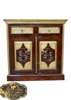 Carved Indian Timber & Brass Sideboard Cabinet