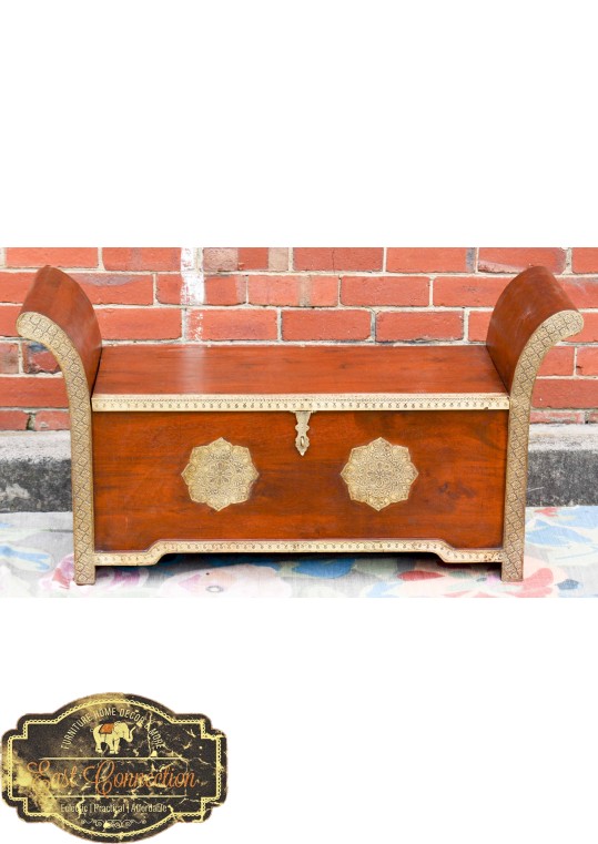 Indian Teak Embossed Brass Storage Roman Seat