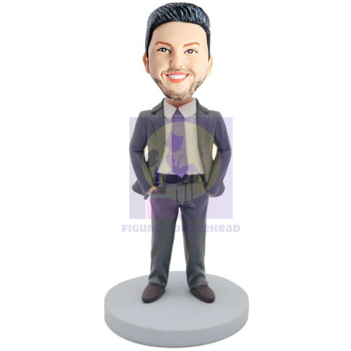 Handsome Male Boss In Grey Suit And Hands In Pockets Custom Figure Bobbleheads